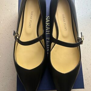 Sarah Flint Black Pointed Mary Jane Flats with Gold Buckle